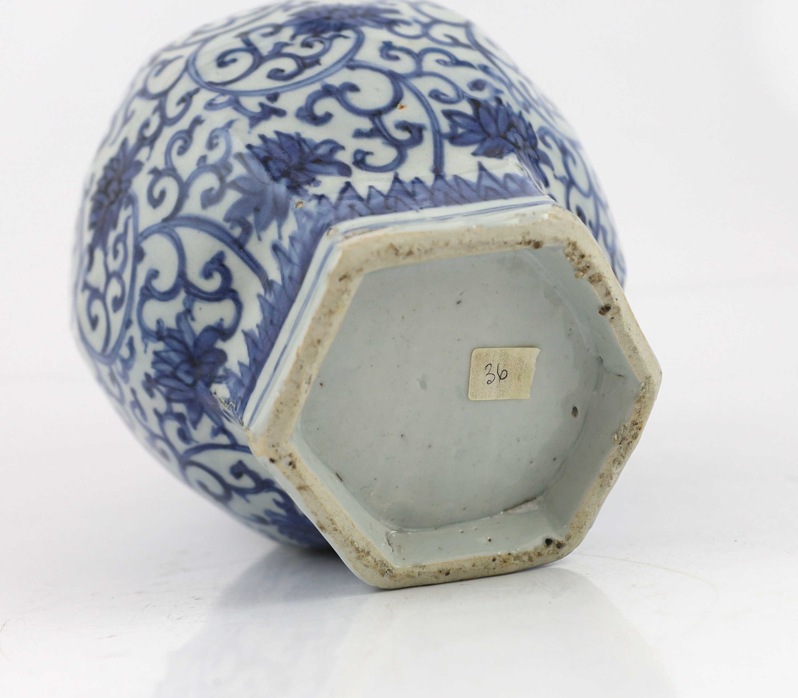 A Chinese Ming blue and white ‘lotus’ hexagonal vase, Wanli period (1572-1620)